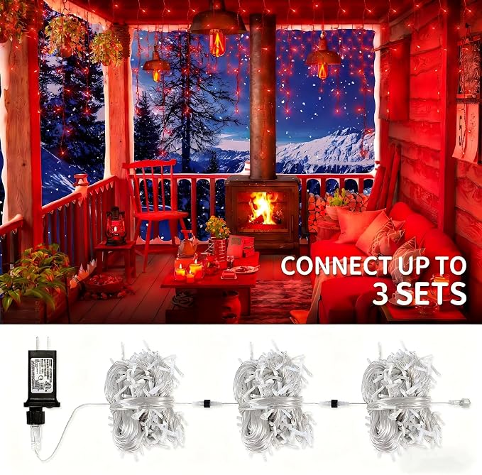 Christmas Icicle Lights Outdoor,300LED 33FT Christmas String Lights,Connectable Valentine's Day Lights with 30V Plug in for Valentine Wedding Party Eave Garden Wall Indoor Decor, Red
