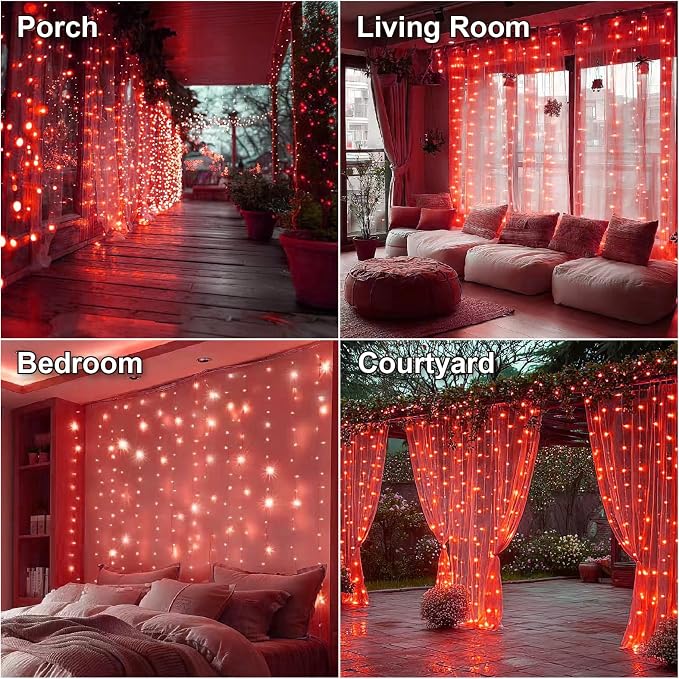 HXWEIYE 300LED Fairy Curtain Lights, 9.8x9.8Ft USB Plug-in 8 Modes Christmas String Hanging Lights with Remote for Bedroom Backdrop Wedding Indoor Wall Decor, Red, Standard – 1 Pack