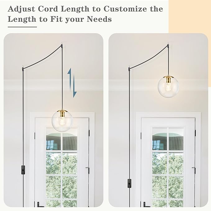 KoKo&Yukina 8" Globe Pendant Light Gold Plug in Pendant Light Adjustable Hanging Lights with Plug in Cord Brushed Gold Finished with Clear Glass Lampshade for Bedroom Kitchen Island（Bulb Included）
