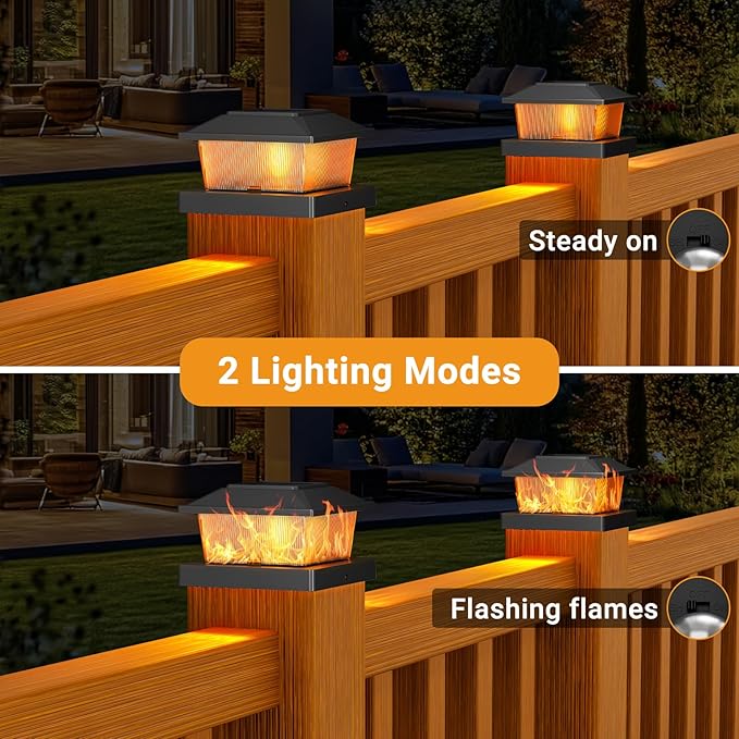 btfarm 4x4 Solar Flame Post Cap Lights, 8 Pack Fence Deck Post Lights Outdoor Solar Powered Waterproof, Fits 4x4 3.5x3.5 Wooden & Vinyl for Porch Patio Yard(Flickering Flame, Black)