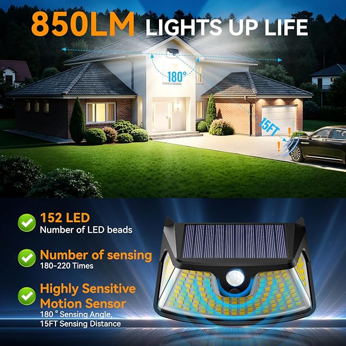 152LED Solar Motion Light Outdoor, 850LM Super Bright 3-Mode Motion Sensor Light, IP65 Waterproof, 270° Wide-Angle Security Light, Solar Powered Flood Lamp for Garden, Wall, Fence, and Garage (4 Pack)