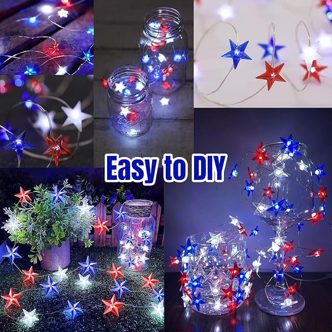 4th of July Decorations, 10ft 30 LED Twinkle Red White and Blue Star String Lights Battery Operated, Patriotic Decorations for Memorial Independence Day Party Golfcart Fourth of July (White Light)
