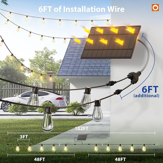 addlon 102FT(96FT+6) Solar String Lights Outdoor Waterproof with USB Port & Remote Control Solar Patio Lights for Outside Solar Powered with 34 LED Dimmable Bulbs for Porch Garden Deck Halloween