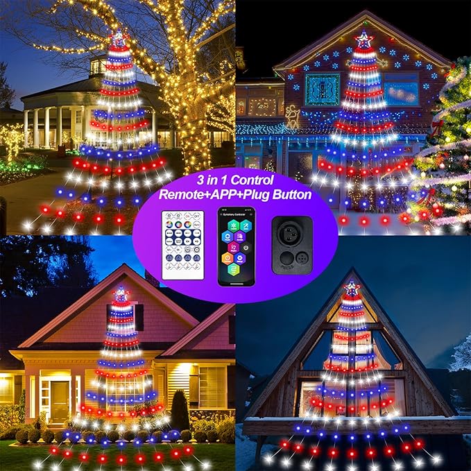 Smart 4th of July Decorations Lights, 18ft 521LED Large DIY Red White Blue Waterfall Tree Lights with Remote Timer Color Changing Light Music Sync APP Control for Garden Yard Patriotic Decor