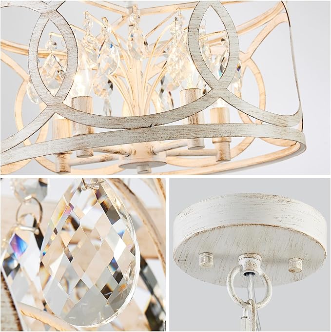 WUZUPS Crystal Chandelier 5-Light Vintage Farmhouse Pendant Ceiling Light Lighting Fixture for Foyer Diningroom Bedroom Hallway Storage Kitchen Bathroom, H 8.3" W 16.1", E12 Base, Antique White
