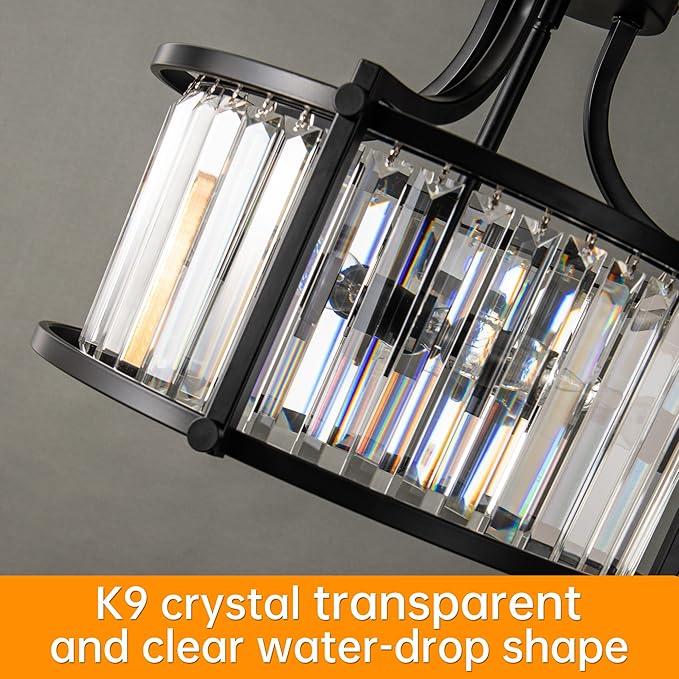 KSRYSZCQ Black Crystal Ceiling Light 3-Light Flush Mount Ceiling Light Fixture 12.59" E12 Bulb Round Hallway Lighting Fixtures for Kitchen Entryway Bedroom Bathroom