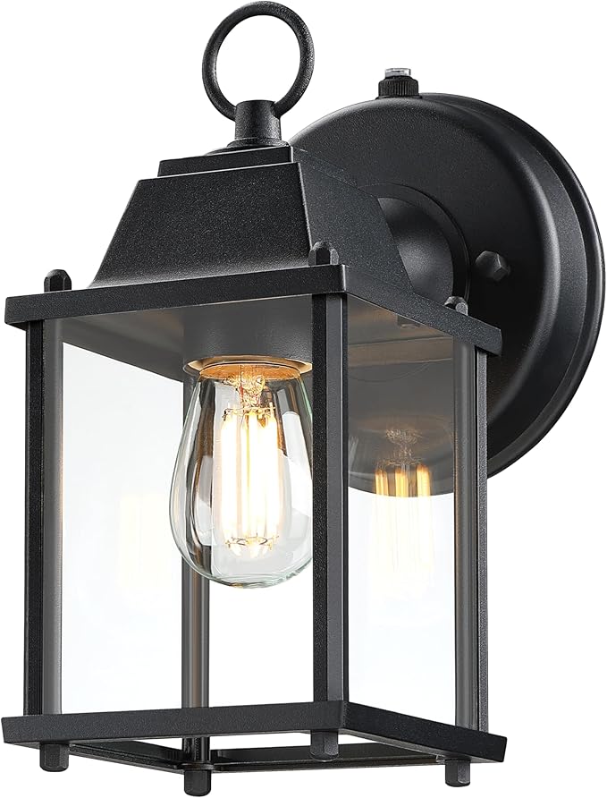 LIT-PaTH Dusk to Dawn Outdoor Wall Lantern, Wall Sconce Waterproof Porch Lighting Fixture, E26 Base, Aluminum Housing with Glass Shade, 1-Pack, Black
