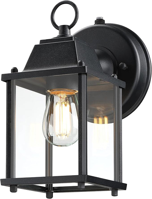 LIT-PaTH Dusk to Dawn Outdoor Wall Lantern, Wall Sconce Waterproof Porch Lighting Fixture, E26 Base, Aluminum Housing with Glass Shade, 1-Pack, Black