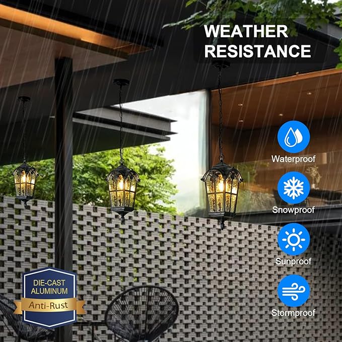 Black Outdoor Pendant Lights for Porch Hallway Patio, Aluminium Exterior Hanging Light Fixture, Outside Waterproof Vintage Hanging Lantern Light, Height Adjustable Outdoor Pendant Lamp