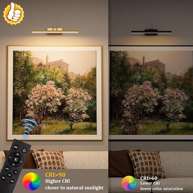 Battery Operated Picture Light for Wall, 4000mAh Cordless Wall Lamp for Painting Photo Artwork , Remote Control, Magnetic for Easy to Charge,Timers, 13.8'' Display for Gallery Living Room Bedroom Gold