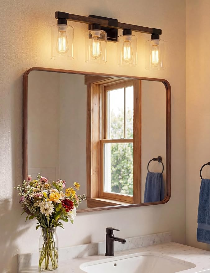 VOLISUN Farmhouse Bathroom Light Fixtures, 4 Light Bathroom Vanity Lights Over Mirror, Rustic Vanity Light for Bathrooms,Wood Bathrooms Lights Fixtures Over Mirror-UL Certificated