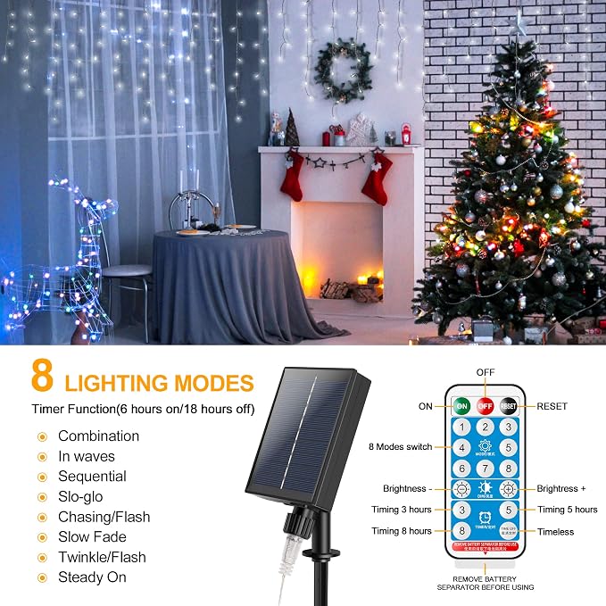 300 LED Solar Icicle Lights Outdoor with Remote Control, 33ft 8 Modes Curtain String Lights with 50 Drops, Christmas Holiday Wedding Party Decorations, White