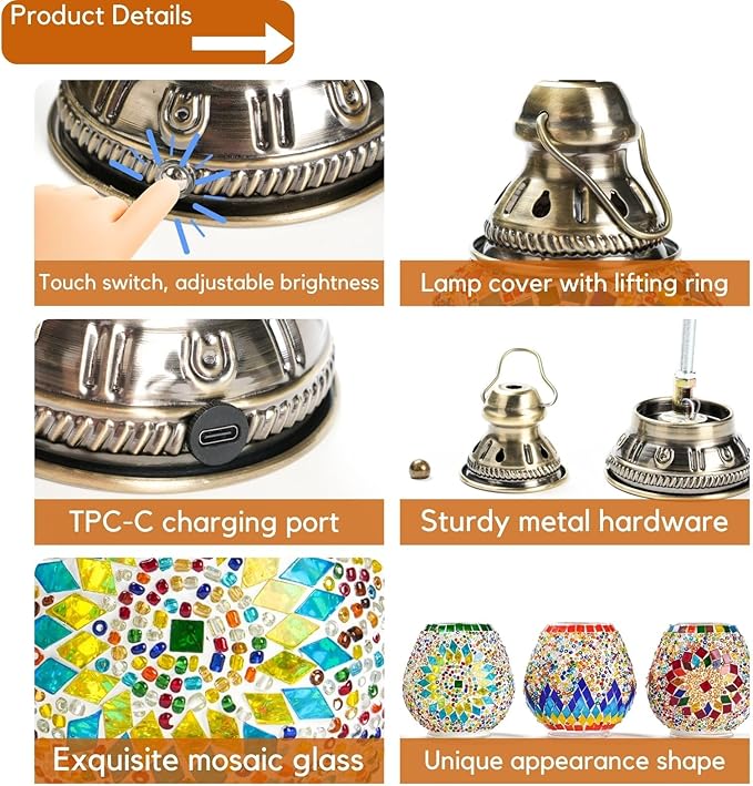 Turkish Mosaic Table Lamp Handmade Moroccan Camping Light Rechargeable 1800mAh Battery USB Touch Switch 3 Brightness Levels for Camping Home Decor