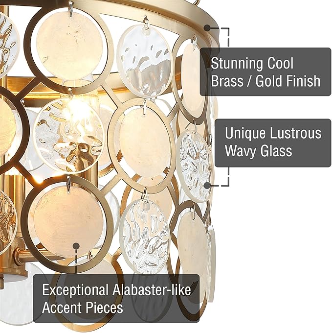 Kira Home Estelle 18" Modern Gold Pendant Light, Coastal Wavy Glass & Capiz Shell Gold Chandelier, 3-Light, Cool Brass Finish