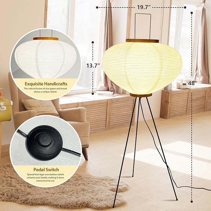 Paper Floor Lamp, Noguchi Rice Paper Lamp for Wabi Sabi Decor, Akari Paper Floor Lamp for Bedroom/Living Room