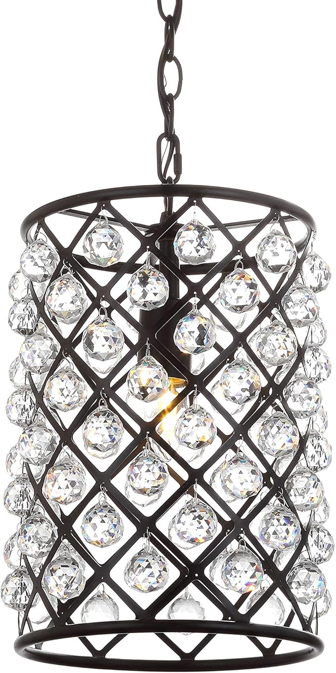 JONATHAN Y 10" Oil Rubbed Bronze Crystal LED Pendant Light, Adjustable Metal Chandelier for Kitchen Island, Entryway, Foyer, Clear Hand-Polished Crystal Shade, LED Bulb JYL9025A