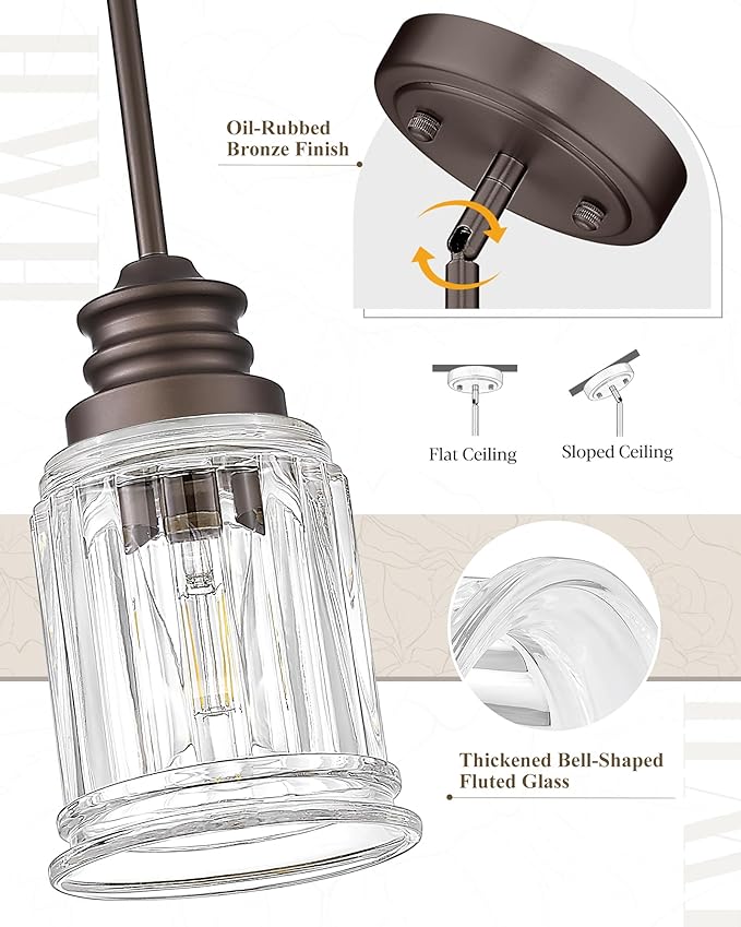 Modern Pendant Light 2Pack, HWH Adjustable Hanging Pendant Lighting in Oil-Rubbed Bronze Finish, Hanging Kitchen Lights with Bell-Shaped Fluted Clear Glass, 5HZG106MIL-2L ORB