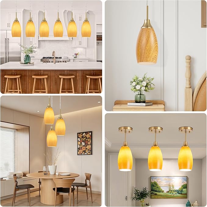 Viinew Mini Glass Pendant Light 4.72" Walnut Wood Grain Pendant Lights 3-Pack Handblown Art Oval Glass Hanging Pendant Light for Kitchen Island Dining Room Living Foyer Hallway Entry Brushed Gold