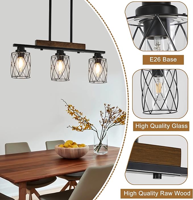 3-Light Dining Room Light Fixture/Chandelier Over Table, Island Lighting Hanging for Farmhouse Linear Chandeliers Matte Black Rustic Wood Ceiling Pendant Light Fixtures, with Clear Glass Shade