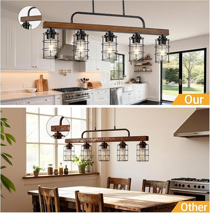 5-Light Farmhouse Walnut Chandelier for Dining Room, Black Kitchen Island Light with Rust-Proof Metal Frame & E26 Base, 49" Height Adjustable Pendant Light Fixture Over Table & Bar