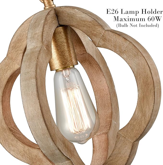 SAMTEEN Farmhouse Wood Pendant Lights Kitchen Island, Vintage Wooden Pendant Lighting Rustic 1-Light Wood Hanging Ceiling Light Fixture for Hallway Bedroom Entrance, Adjustable Chain