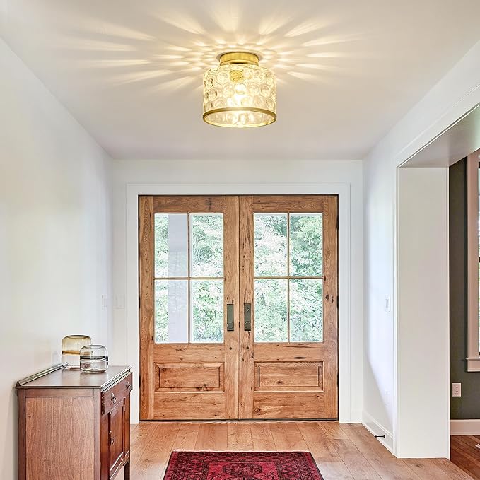 Zlepmlla Gold Flush Mount Ceiling Light with Clear Hammered Glass lampshade, Farmhouse Ceiling Lights Fixture in Satin Brass for Kitchen Bathroom, Bulb not Included