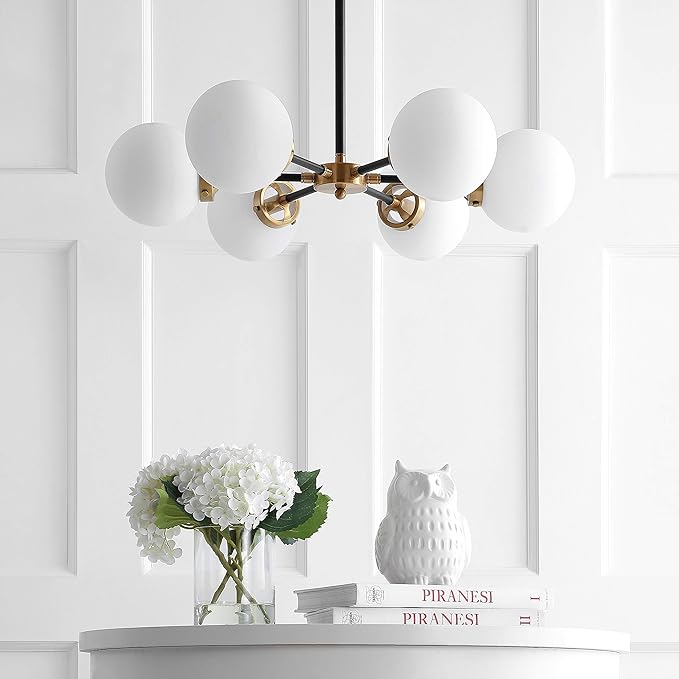 JONATHAN Y 28" Brass Gold/Black Modern 6-Light Cluster Pendant Chandelier, Clear Glass Shade Hanging Fixture for Kitchen Island Dining Room, LED Bulbs Included, Dimmable (JYL9059B)