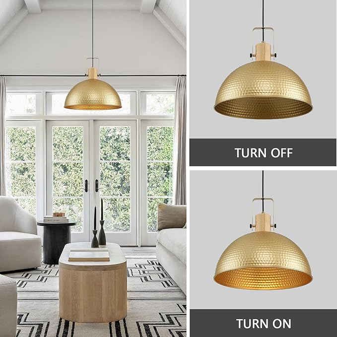 16 Inch Gold Pendant Lights Hammered Matte Pendant Lights for Kitchen Island Industrial Farmhouse Adjustable Height Dome Hanging Light Fixtures for Barn, Dining Room 1 Pack
