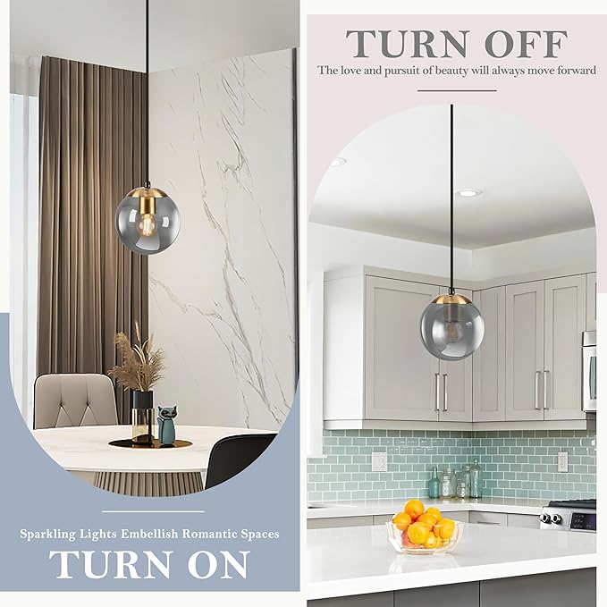 KoKo&Yukina 6 Inch Globe Pendant Light Gold Globe Pendant Lights Kitchen Island Mid Century Light Fixture with Grey Glass Shade for Dining Room (2 Pack)