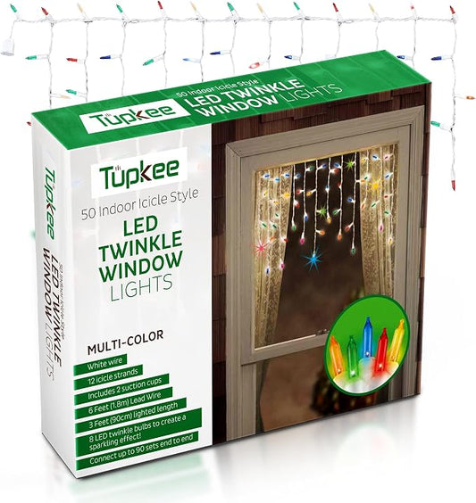 Christmas LED Twinkle Window Icicle Lights - 3 Feet (0.91 m) - 8 of 50 Bulbs Twinkle Random - 50 LED Multicolor Bulbs - Indoor Outdoor - Twinkling Icicle Christmas Lights