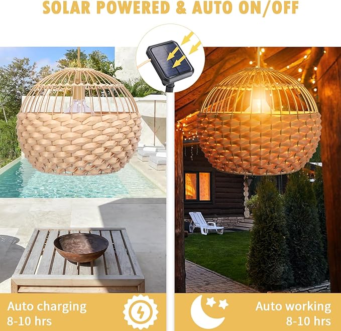 Outdoor Chandelier Solar Pendant Light Outdoor Hanging Lantern Solar Outdoor Chandelier with Remote Dimmable for Porch Patio Gazebo Garden Yard Decoration Nature