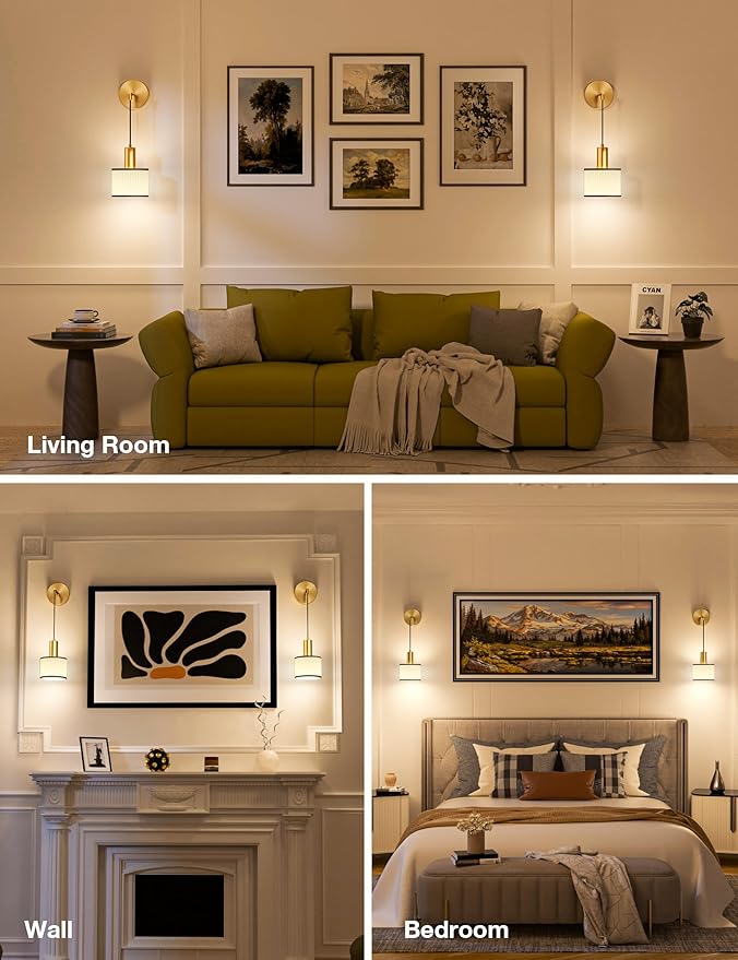 NIORSUN Battery Operated Wall Sconce Set of 2, Black Gold & Off-White Wireless Rechargeable Wall Lights with 5200mAh Dimmable Detachable Bulbs and Remote, 9 Colors Sconces Wall Decor for Living Room