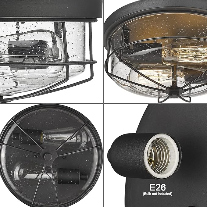 Darkaway Ceiling Light Fixtures Flush Mount Light Fixtures with Seeded Shade, Indoor Outdoor Ceiling Light for Hallway Entryway Bedroom Porch Kitchen Stairways 2-Light E26