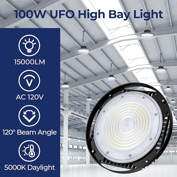 CINOTON 100W UFO LED High Bay Light, Aluminum LED Shop Lights with 15000LM, 5000K Commercial Bay Lighting for Warehouse Garage Workshop Factory Hall, 6' Cable & Safety Rope, ETL Listed 4 Pack