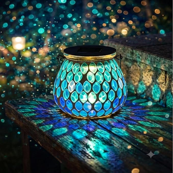 Bshine Mosaic Solar Lantern Outdoor Hanging Waterproof, Blue Mosaic Light Indoor Decorative Table, Garden Decor for Yard Outside, Path, Courtyard, Lawn, Birthday Gift for Mom Women Gardening, Antique
