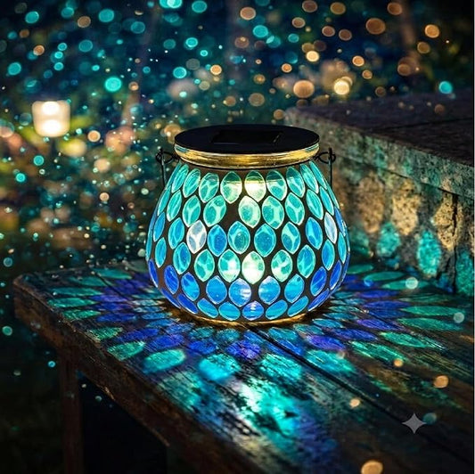 Bshine Mosaic Solar Lantern Outdoor Hanging Waterproof, Blue Mosaic Light Indoor Decorative Table, Garden Decor for Yard Outside, Path, Courtyard, Lawn, Birthday Gift for Mom Women Gardening, Antique