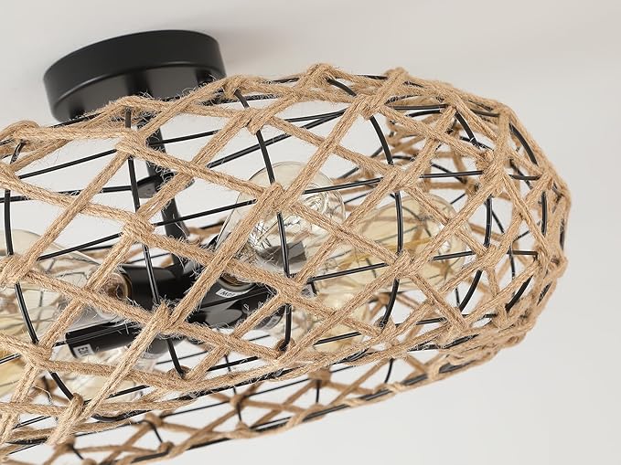6-Light Large Coastal Boho Woven Flush Mount Ceiling Light Fixture 20 inch Handmade Hemp Rope Round Cage Semi Flush Mount Ceiling Light for Hallway Entry Farmhouse Bedroom Living Room Beach, Black