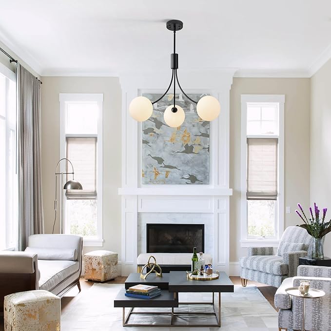 CNRATYE 3-Light Modern Farmhouse Black Chandeliers for Entryway, Mid Century Milk Globe Sputnik Chandelier, Vintage Pendant Lighting for Kitchen Island Dining Room Foyer Bedroom Bathroom
