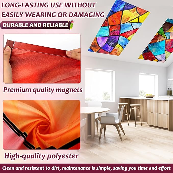 6 Pcs Fluorescent Light Covers with 60 Magnets Decorative for Classroom Ceiling Lights 4 x 2 Feet Magnetic Light Cover Filter Easy Install for Office Hospital Home Ceiling Supplies (Stained Glass)
