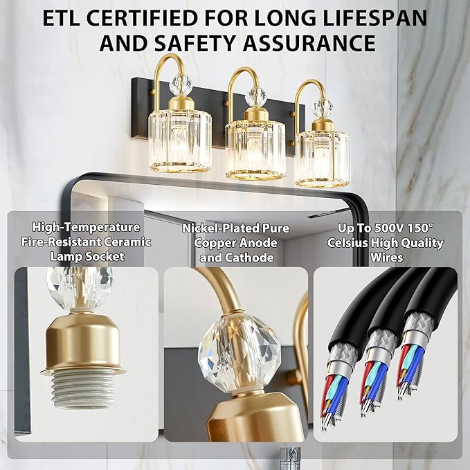 Bathroom Vanity Light Fixtures Over Mirror - Makeup Lighting Black Gold - for Modern Wall, Bath, Desk, Farmhouse, Hallway 3 Crystal Lights