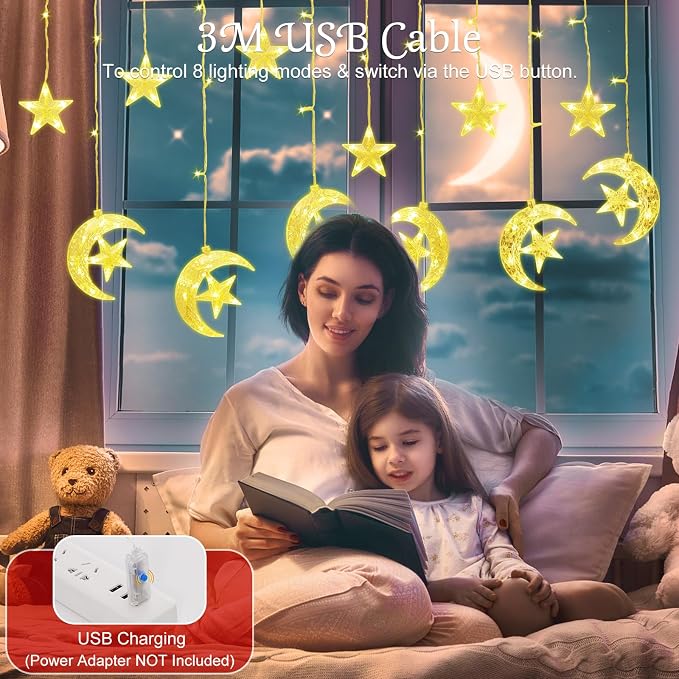 Lewondr 138 LED Star Moon String Curtain Lights, Hanging Fairy Lights with 6H Timer&8 Modes, USB & Remote Control Ramadan String Lights for Christmas Bedroom Wedding Party Xmas Indoor Decor,Warm Light