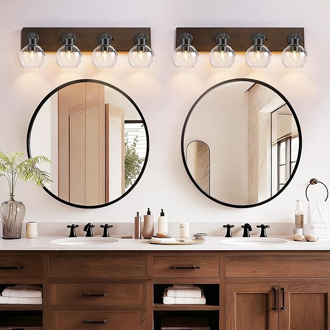 Farmhouse Bathroom Vanity Light Fixtures, Bathroom Light Fixtures Over Mirror,4-Light Rustic Black Wood Wall Sconces, Vintage Vanity Light for Bathroom with Clear Glass Shade (Black, 4-Light)