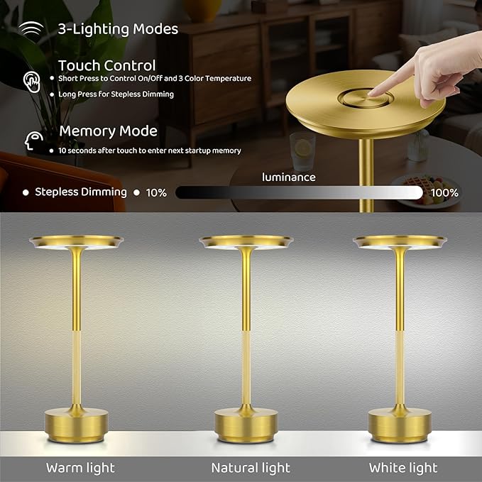 UdoUto Cordless Table Lamp Rechargeable - 5000mAh Battery Operated LED Table Light with Touch Stepless Dimming & 3 Color Modes - Portable Gold Metal Outdoor Lamp for Patio, Restaurant, Bedroom