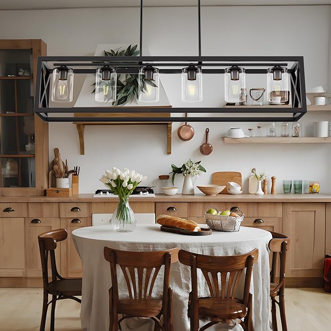 Espird Farmhouse Dining Room Light Fixture - 6 Light Kitchen Island Lighting with Adjustable Height & Thickened Metal Dining Room Light Fixture Over Table，Chandeliers for Dining Room&Kitchen Island