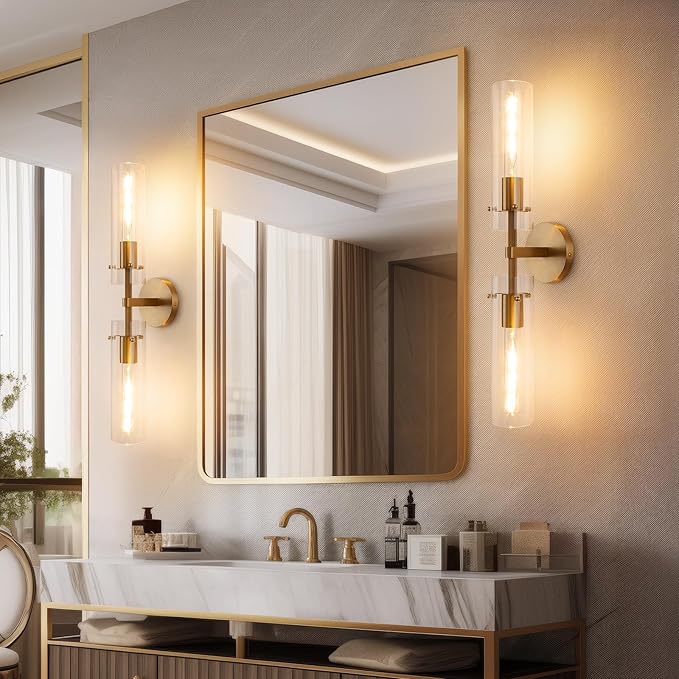 Brass Gold 2-Light Knurled Wall Sconce, Dual-Head Vanity Lamp with Clear Glass Tube, Bathroom Wall Sconces, Wall Lights for Living Room Bedroom Hallway Kitchen Bathroom Mirror