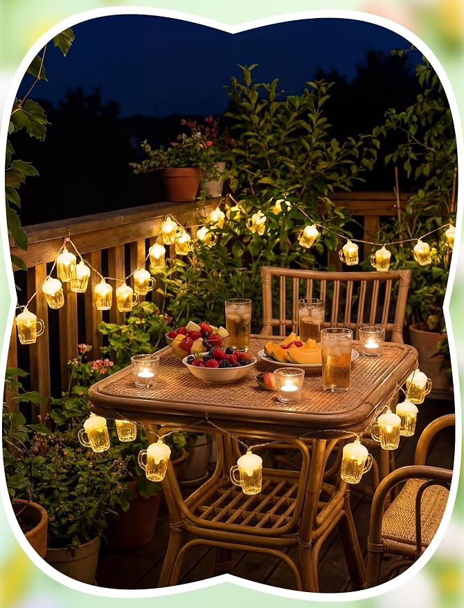10 LED 3D Beer Mug String Lights Plug in | 8.5Ft Connectable Party Decor | Waterproof & UL Listed Safety, Up to 45 Strands, Summer Tropical Lighting for Luau Pool Tiki Patio Backyard Gathering