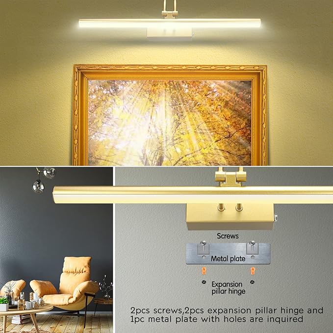Picture Light, Picture Lights for Wall Cordless, 20inch Battery Operated Wall Lights with Timer and Dimmable, Rechargeable Metal Picture Lights for Display Gallery Painting Art Frame Portrait - Gold