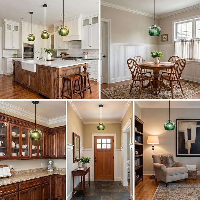 Single Glass Pendant Lights Green Striped Vintage Pendant Light Fixtures Blown Globe Shade Mid Century Modern Hanging Ceiling Lamp Black Adjustable Cord for Kitchen Island Dining Room Hallway