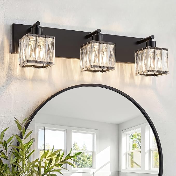 VOLISUN Black Bathroom Light Fixtures, Modern Bathroom Lighting Fixtures Over Mirror, 3 Light Bathrooms Vanity Light, Crystal Vanity Light for Bathrooms-UL Certificated(Exclude Bulb)