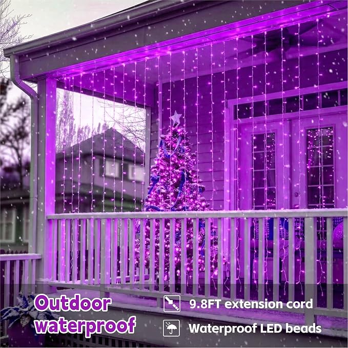Curtain Light for Bedroom, 200LED 6.6x6.6ft Purple Window Wall Hanging Fairy Curtain String Light, 8 Modes Remote Fairy String Lights Indoor for Wedding Party Home Garden Decorations